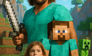 "Live-action hero with Minecraft characters faces Ender Dragon in a blocky adventure world." Would you like a version optimized for SEO or accessibility?