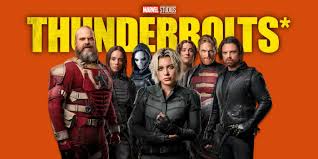 "The Thunderbolts 2025 movie poster features a team of antiheroes and reformed villains in dynamic poses. From left to right: Ghost in her translucent suit, Bucky Barnes (Winter Soldier) with his metal arm, Yelena Belova in her Black Widow gear, U.S. Agent in his patriotic suit, Red Guardian in his armored uniform, and Taskmaster analyzing the team. The background is dark with electric blue and purple lightning bolts, emphasizing the team’s unpredictable nature. The Marvel Studios logo appears at the top, with the title ‘Thunderbolts’ in bold, jagged font at the bottom."
