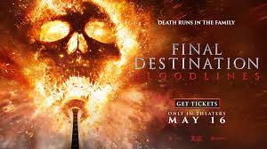 "A chilling poster for Final Destination: Bloodlines (2025) featuring a shadowy grim reaper looming over terrified characters, with eerie red mist and ominous symbols hinting at fatal premonitions. Shattered glass and twisted metal suggest gruesome, inevitable deaths."