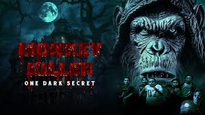 "Movie poster for 'Monkey Killer (2025)' featuring a menacing mutated monkey with glowing eyes and sharp fangs, lunging through a dark jungle. Blood splatters and terrified humans run in the background. Text reads: 'Evolution just got deadly.'"