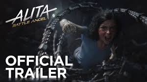"Alita, a fierce female cyborg with large expressive eyes, stands ready for battle in a futuristic cityscape, wielding a glowing plasma sword. The title 'Alita: Battle Angel' appears in metallic red letters."