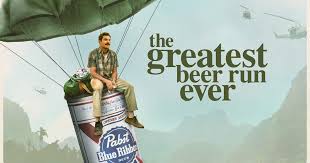 *"A scene from the 2022 film The Greatest Beer Run Ever showing Zac Efron as Chickie Donohue, a real-life Vietnam War veteran, carrying a backpack full of beer cans. He stands in a war-torn jungle, wearing a casual outfit, looking determined. The dramatic lighting highlights the contrast between his mission and the surrounding chaos of war."*