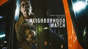 "Horror movie poster for 'Neighborhood Watch' showing a manicured suburban street at dusk. A shadowy figure stands in the center of the road holding a flashlight, their face obscured. Behind them, unnatural silhouettes appear in house windows. The title glows in eerie yellow with the tagline 'They patrol the streets. Tonight, the streets fight back.'"