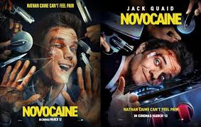 "Movie poster for dark comedy 'Novocaine' featuring Steve Martin as a disheveled dentist in a white coat holding a bloody dental tool. Helena Bonham Carter smirks in the background with smudged eyeliner, while a spilled pill bottle sits in foreground. Title appears in red cursive like a prescription label."