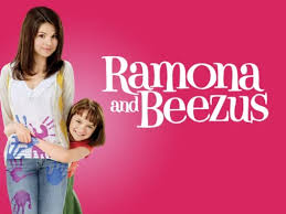 "Colorful movie poster for Ramona and Beezus showing young Ramona Quimby (Joey King) with messy hair and paint-splattered clothes grinning mischievously, while her older sister Beezus (Selena Gomez) looks at her with amused exasperation. They stand in front of their quirky family home with a blue sky background, capturing the film's playful, heartwarming tone."