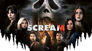 "Ghostface looms menacingly over a blood-spattered New York City skyline in the Scream VI poster. The masked killer stands atop a building, knife raised, as neon lights reflect off his iconic black robe. Survivors Sam (Melissa Barrera) and Tara (Jenna Ortega) appear in small silhouettes below, looking up in terror."