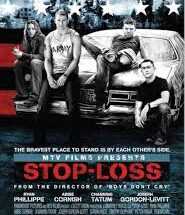 "Gritty movie poster for Stop-Loss featuring Ryan Phillippe as Sgt. Brandon King in military fatigues, his face partially shadowed with a conflicted expression. Behind him, blurred images of soldiers in combat and an American flag appear faded, symbolizing war's psychological toll. The title appears in bold stencil-style font with a distressed texture."