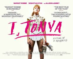 "Striking I, Tonya poster features Margot Robbie as Tonya Harding mid-spin on the ice, her 90s-era sequined skating costume glittering under arena lights. Blood drips from her nose onto the ice, contrasting with the bold red title font. A tabloid-style tagline reads 'The Scandal You Think You Know' with mock newspaper clippings in the background."