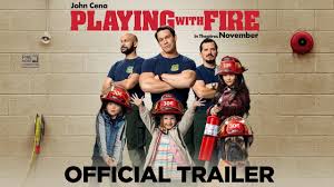"John Cena as firefighter Jake Carson stands rigidly at attention in full uniform, while three kids cling to him - a girl painting his face, a boy hanging from his arm, and a toddler sitting on his helmet. Flames erupt humorously in the background with the tagline: 'They're extinguishing his patience.'"