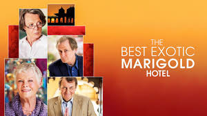 "Seven British seniors stand amid the vibrant pink walls of an Indian courtyard, their suitcases at their feet. Judi Dench (Evelyn) smiles warmly beside Maggie Smith (Muriel) in a wheelchair, while Dev Patel (Sonny) gestures enthusiastically toward the crumbling but colorful hotel entrance adorned with marigold garlands."