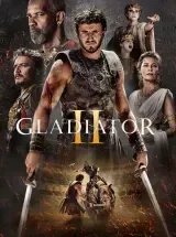 "Paul Mescal as Lucius in gladiator armor, sword raised in Rome's Colosseum, with Denzel Washington watching from shadows."