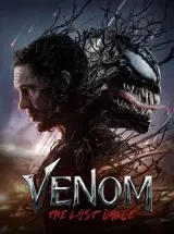 "Tom Hardy as Venom in full symbiote form, snarling with massive white eyes and razor-sharp teeth, crouched on a crumbling rooftop at night."