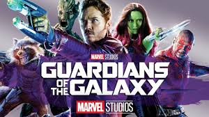 "A group of misfit space heroes stand together in a dramatic pose: Star-Lord in his red leather jacket holding a blaster, Gamora in green with her sword, Drax the Destroyer with his tattoos and knives, Rocket Raccoon gripping a large gun, and Groot, the tree-like being, towering behind them. A spaceship and cosmic backdrop hint at their intergalactic adventures."