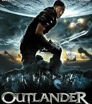 "A sci-fi fantasy movie poster for Outlander (2008) featuring a Viking warrior and an alien creature in a dark forest. The tagline 'The spaceship wasn't the only thing that crashed' hints at an interstellar conflict in ancient Norway."
