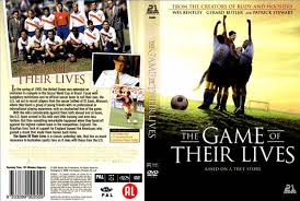 "The U.S. 1950 World Cup soccer team celebrates in muddy uniforms, arms raised in victory under a stormy sky. Text reads 'The Game of Their Lives' with a soccer ball in the background, emphasizing their underdog triumph."
