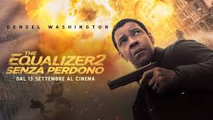 "Denzel Washington as Robert McCall in The Equalizer 2, holding a gun with a dark, rainy city backdrop. Text reads 'The Equalizer 2' in bold letters."